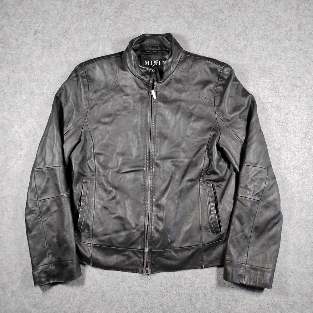 Mixit Womens Black Genuine Leather Moto Jacket Stand Collar Full Zip Size Large